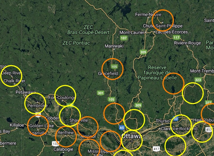 Carte des RON de l'Outaouais. Saisie d'écran prise sur le site d'Oiseaux Canada le 12 novembre 2024