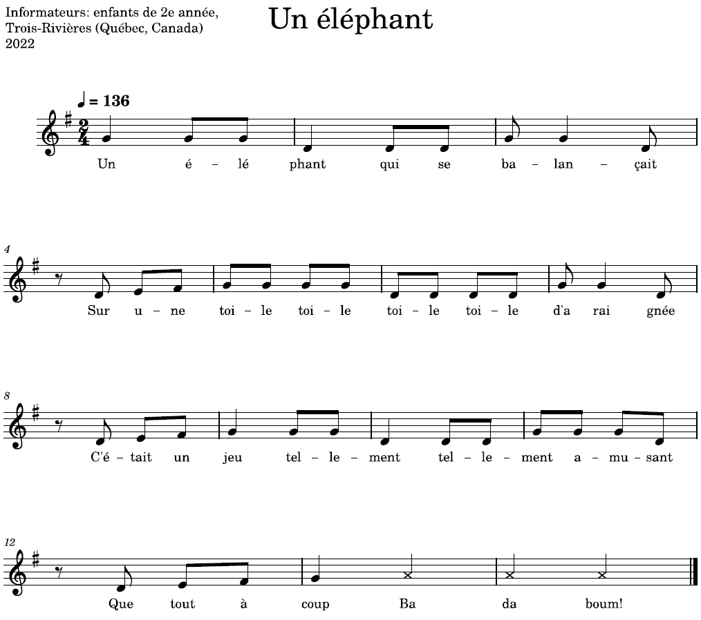 Figure 1. Partition de la chanson Un éléphant qui se balançait