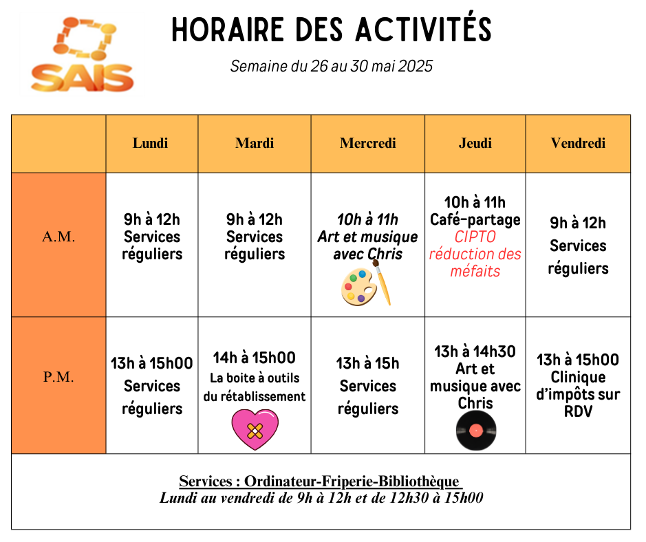 Horaire de la semaine