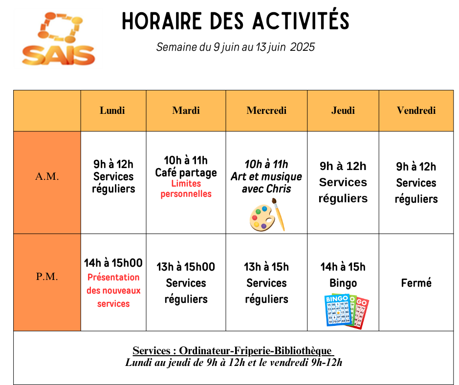 Calendrier de la semaine