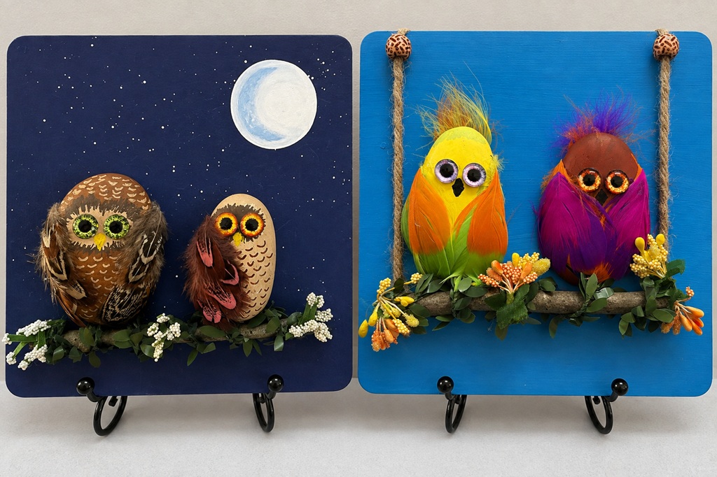 Colorful Rock Owls and Birds