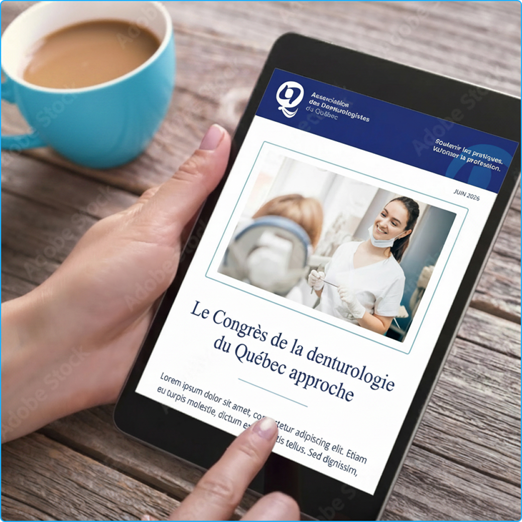 Infolettre de l'Association des Denturologistes du Quebec sur tablette, annoncant le congres de la denturologie du Quebec de juin 2026.
