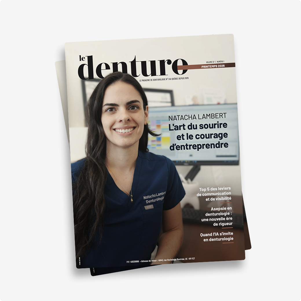 Couverture du magazine Le Denturo, volume 57 numero 1, printemps 2026, mettant en vedette la denturologiste Natacha Lambert et l'art du sourire.