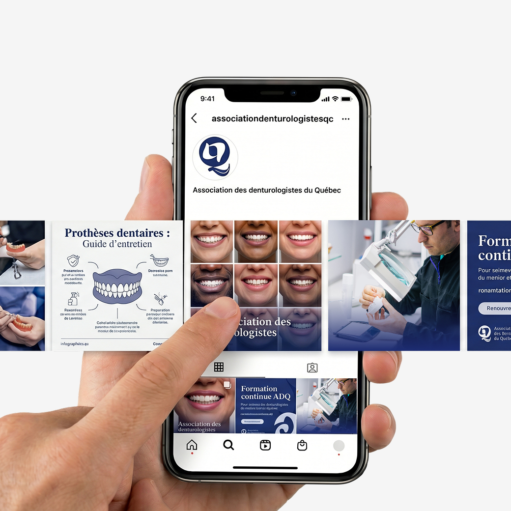 Maquette du compte Instagram de l'Association des denturologistes du Quebec presentant des publications sur les soins et la profession.