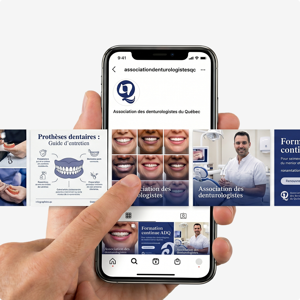 Maquette du compte Instagram de l'Association des denturologistes du Quebec presentant des publications sur les soins et la profession.