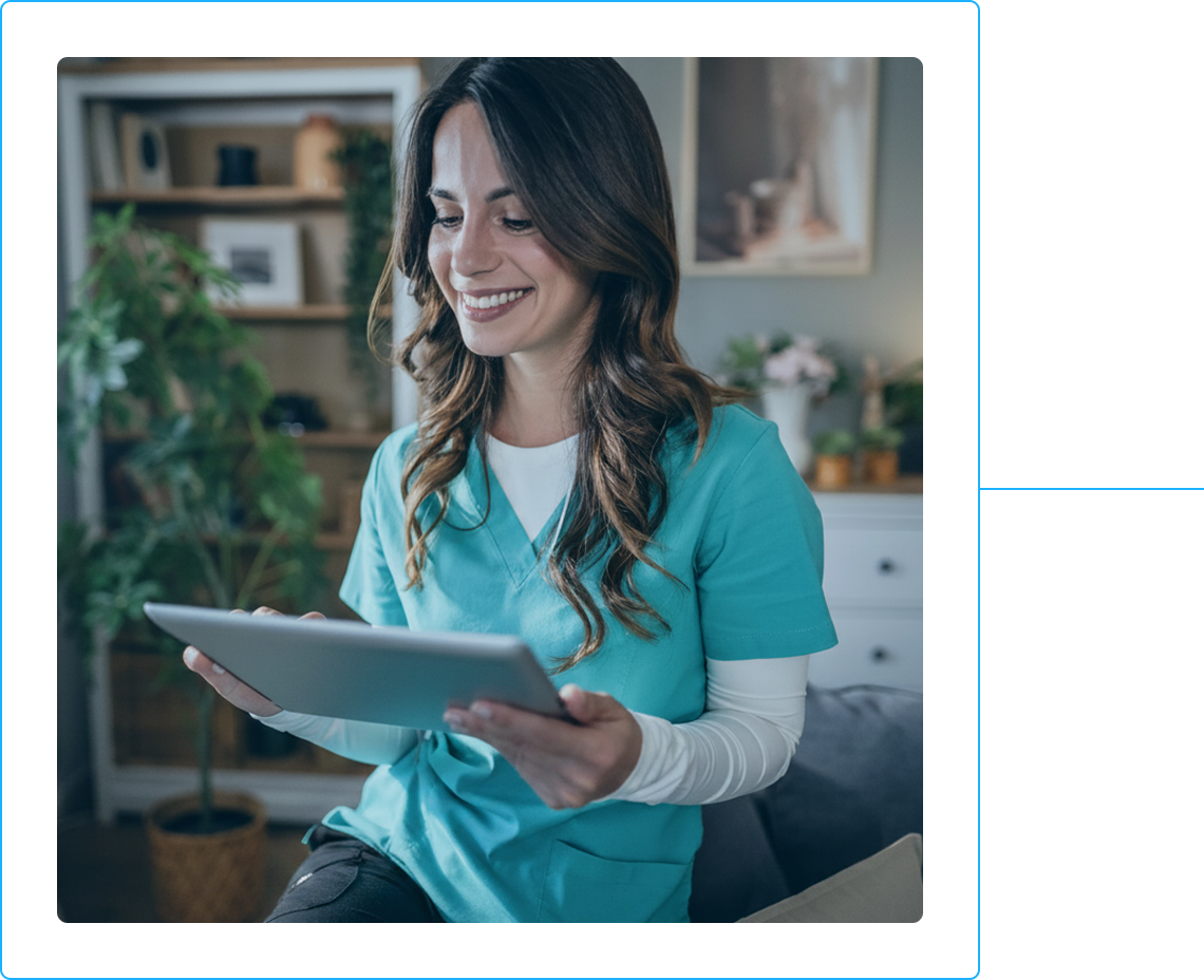 Denturologiste souriante consultant une tablette dans un environnement chaleureux, illustrant l'appartenance a l'Association des Denturologistes du Quebec.