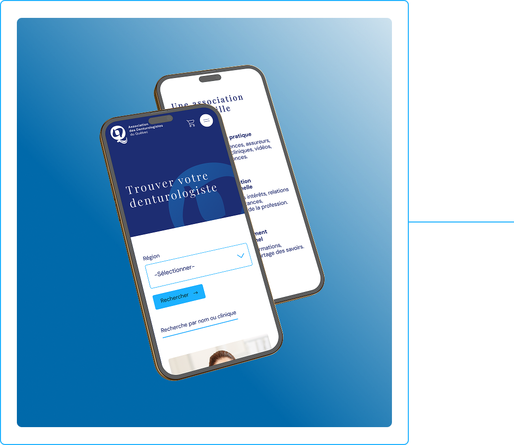 Maquette du site mobile de l'Association des Denturologistes du Quebec avec un outil de recherche pour trouver un denturologiste par region.