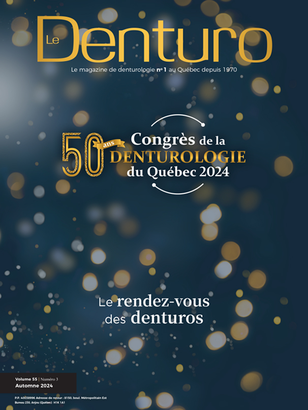 Couverture du magazine Le Denturo, volume 55 numero 3, automne 2024, annoncant le 50e Congres de la denturologie du Quebec.