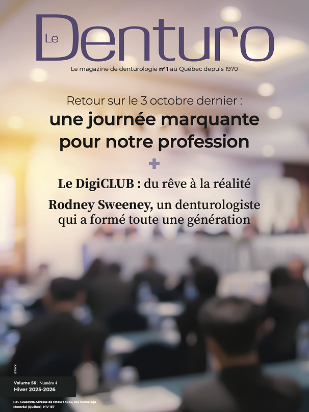 Couverture du magazine Le Denturo, volume 56 numero 4, hiver 2025-2026, sur une journee marquante pour la profession et le denturologiste Rodney Sweeney.