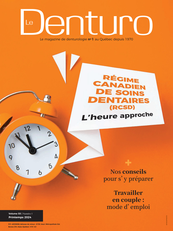Couverture du magazine Le Denturo, volume 55 numero 1, printemps 2024, consacree au Regime canadien de soins dentaires (RCSD).