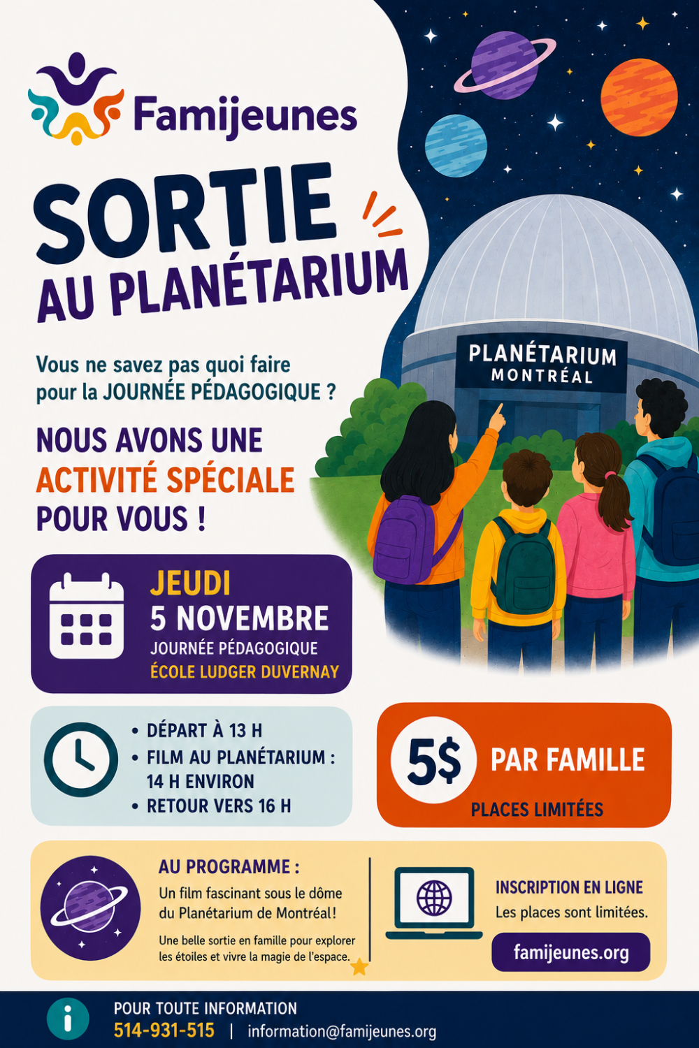 Préinscription sortie Planétarium *ÉCOLE LUDGER DUVERNAY SEULEMENT