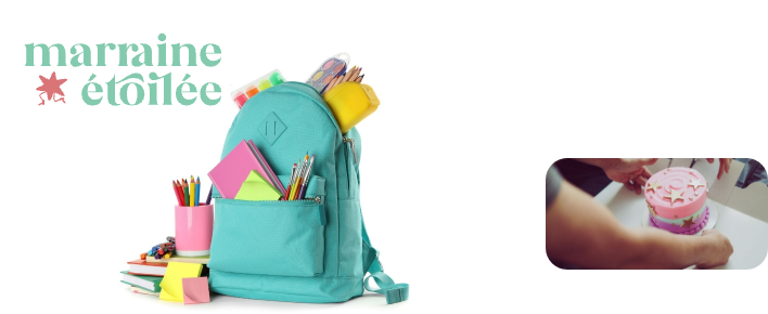 Un gâteau d’anniversaire personnalisé et un sac d’école rempli de fournitures scolaires. 