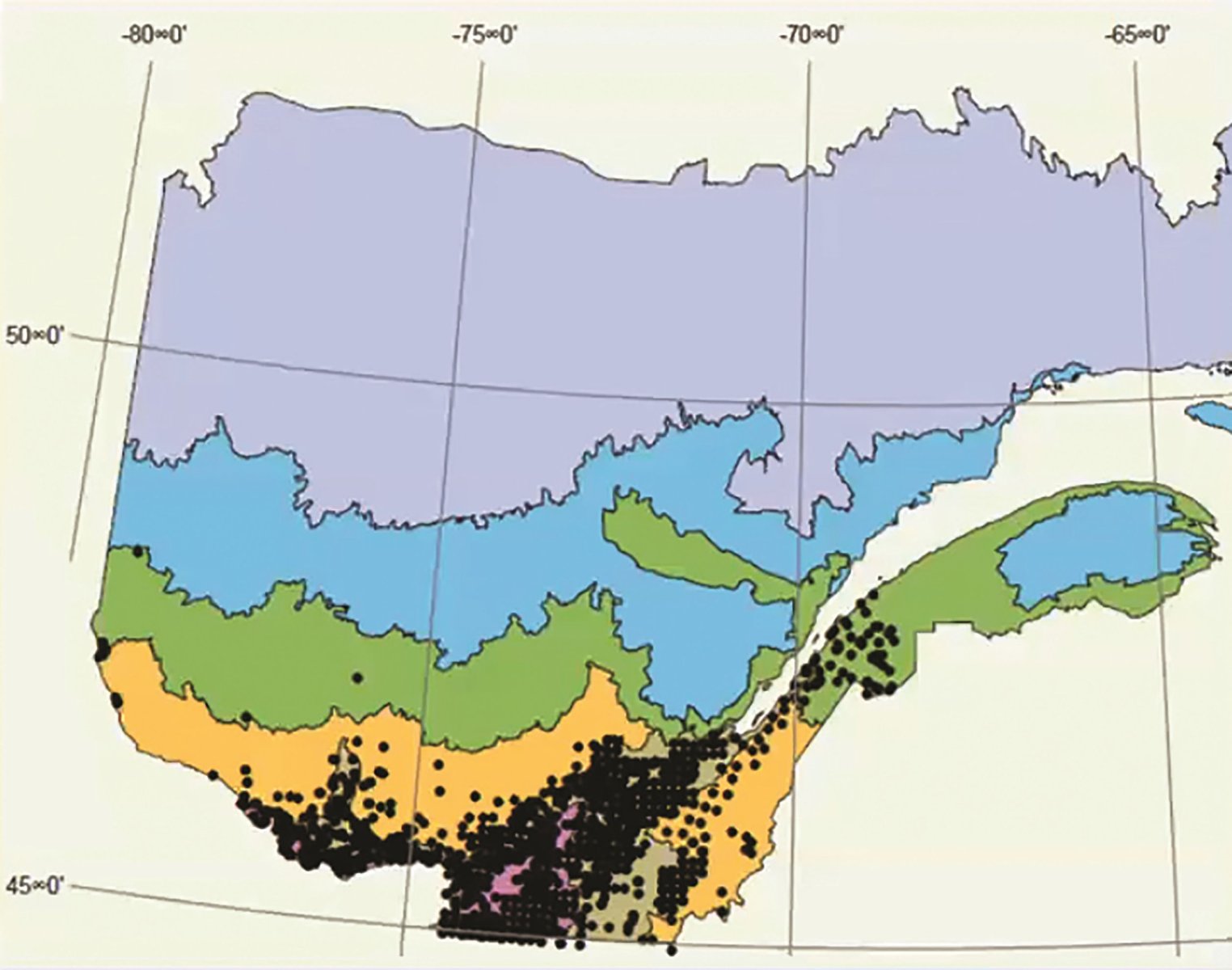 Aire de distribution de la spongieuse européenne au Québec