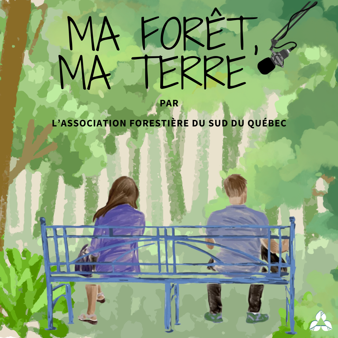 Visuel du balado Ma forêt, ma terre : deux personnes assises sur un banc dans une forêt illustrée