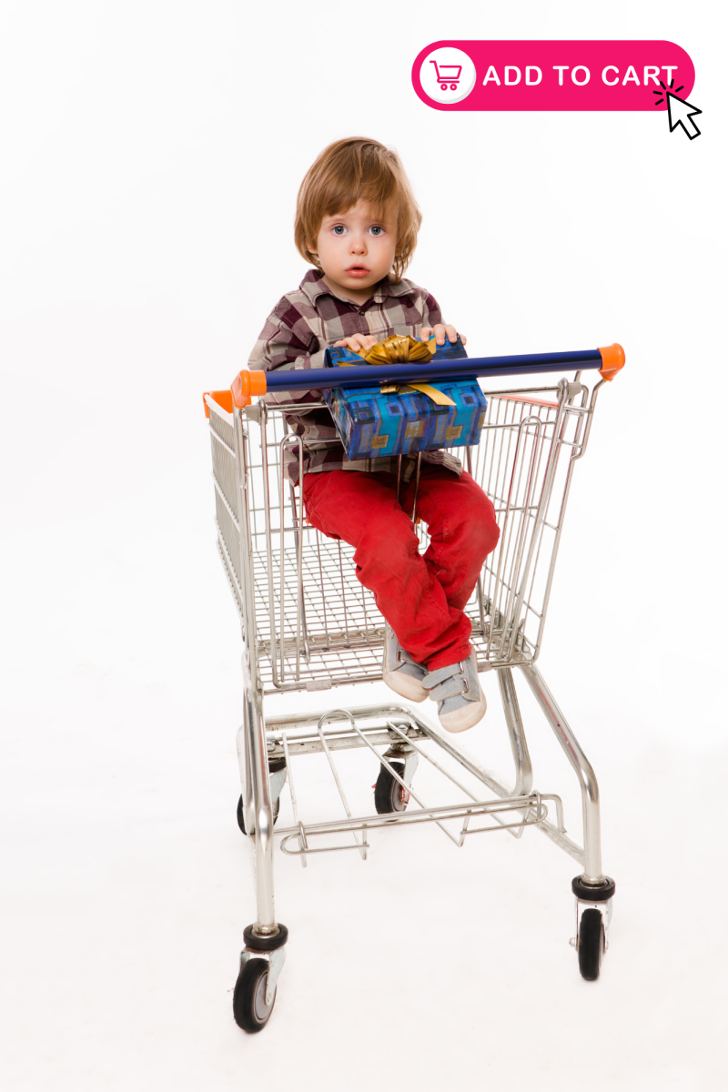 enfant dans un panier d'épicerie