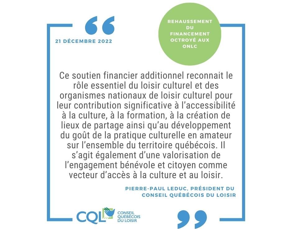 Le conseil québécois du loisir salue l’aide financière additionnelle à la mission des organismes nationaux de loisir culturel