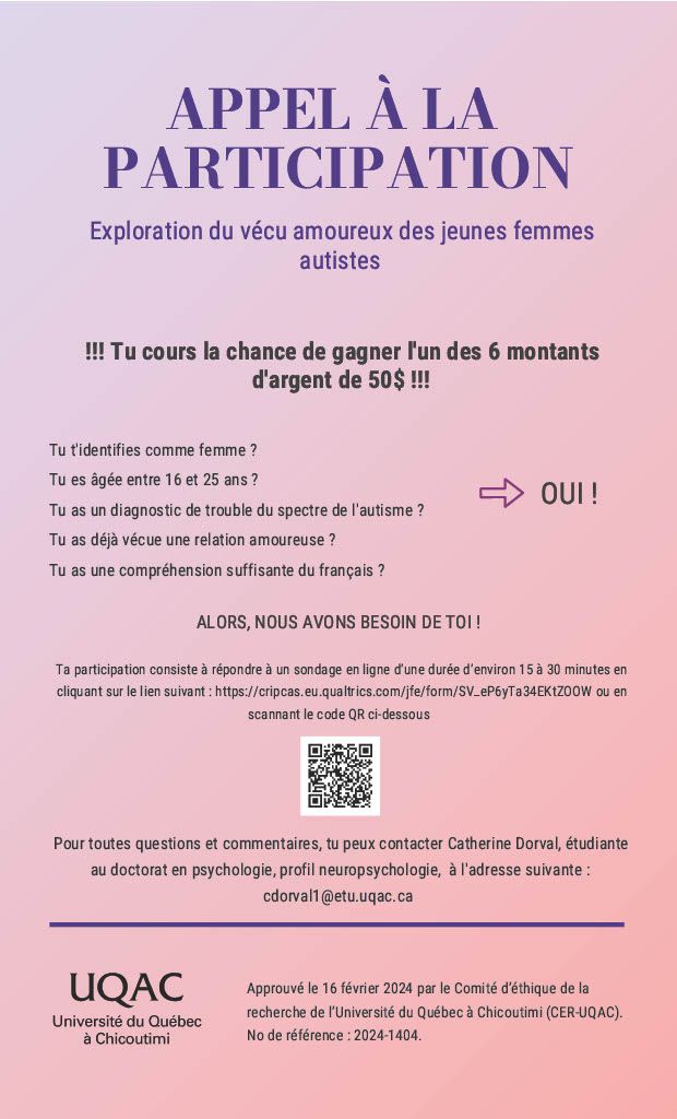 Recrutement - Exploration du vécu amoureux des jeunes femmes autistes