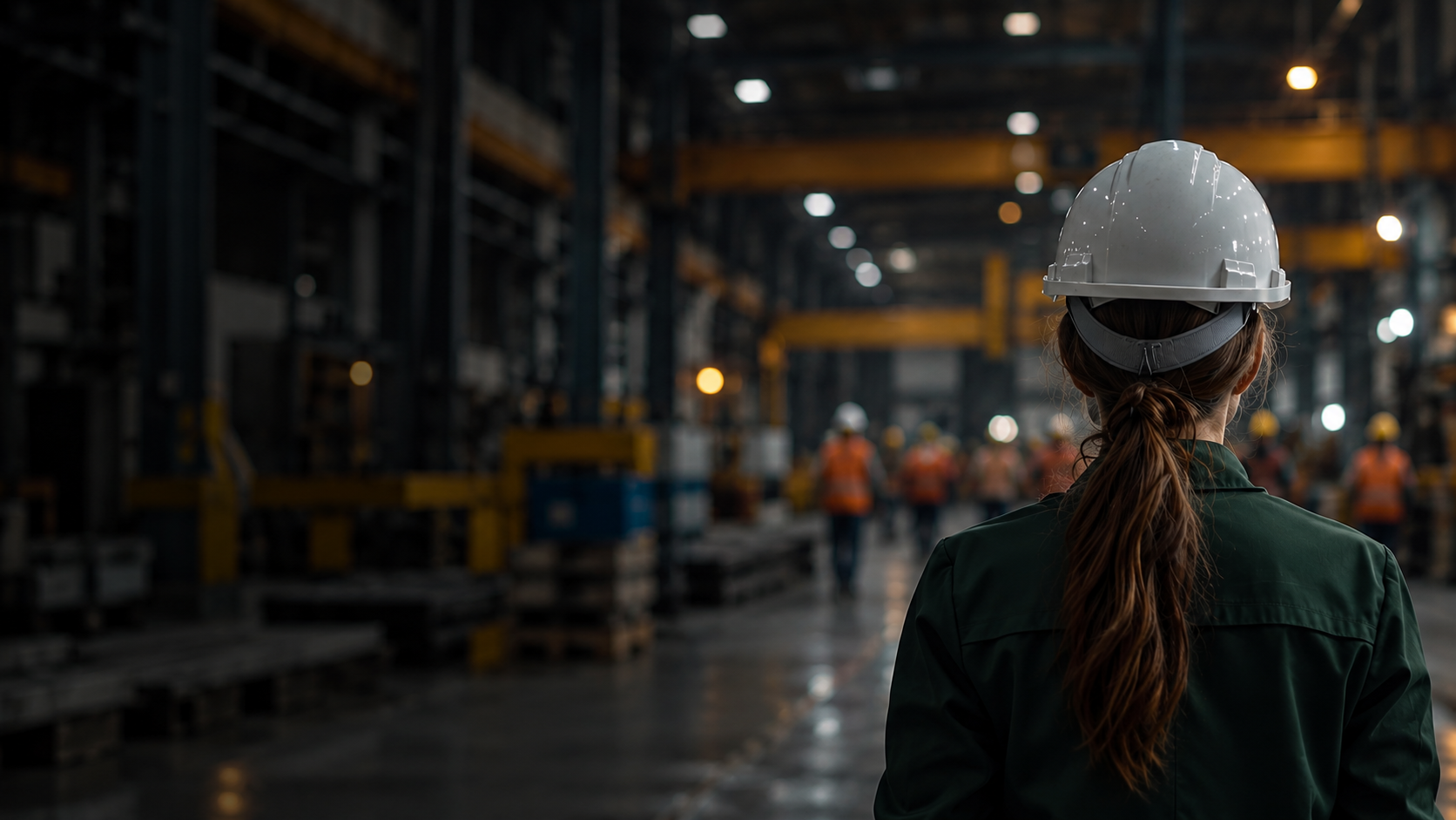 Travailleuse portant un casque de sécurité dans une usine manufacturière