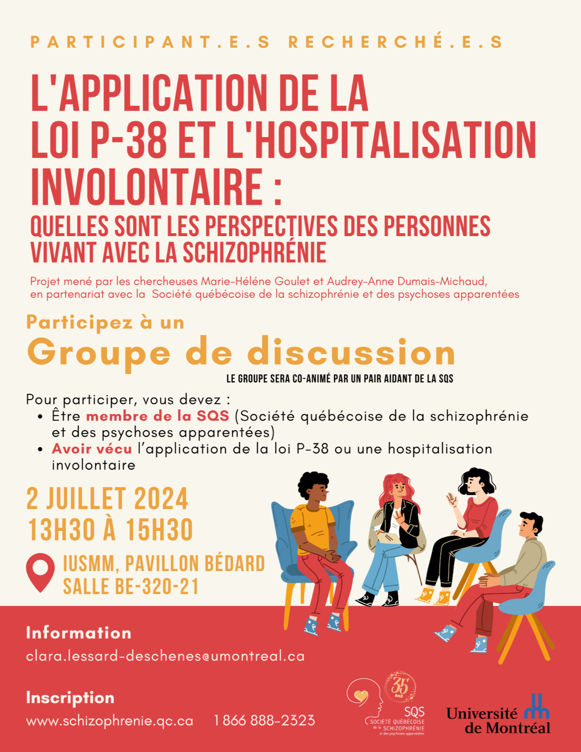 [PERSONNES ATTEINTES] PARTICIPANT.E.S RECHERCHÉ.E.S - L'APPLICATION DE LA LOI P-38 ET L'HOSPITALISATION INVOLONTAIRE : QUELLES SONT LES PERSPECTIVES DES PERSONNES VIVANT AVEC LA SCHIZOPHRÉNIE