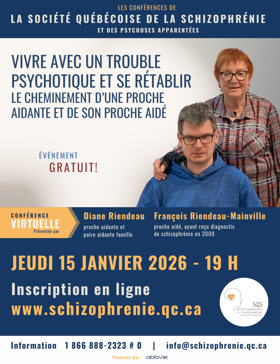 [GRAND PUBLIC] CONFÉRENCE VIRTUELLE SQS - Vivre avec un trouble psychotique et se rétablir: le cheminement d’une proche aidante et de son proche aidé