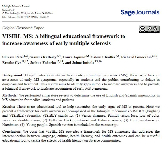 VISIBL-MS: a new bilingual framework by the group of Dr. Imitola, UConnecticut