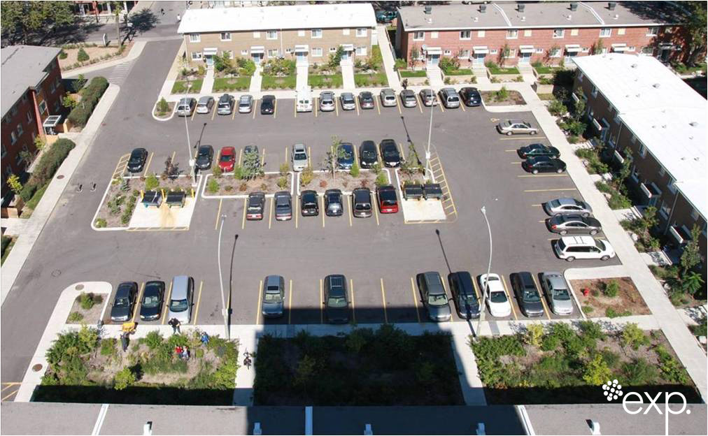 Vue aérienne après le réaménagement du stationnement