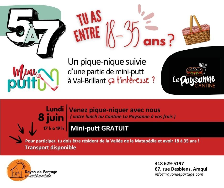 5 à 7 pique-nique et mini-putt pour les 18-35 ans