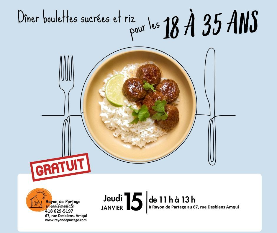 Dîner boulettes sucrées et riz pour les 18/35 ans