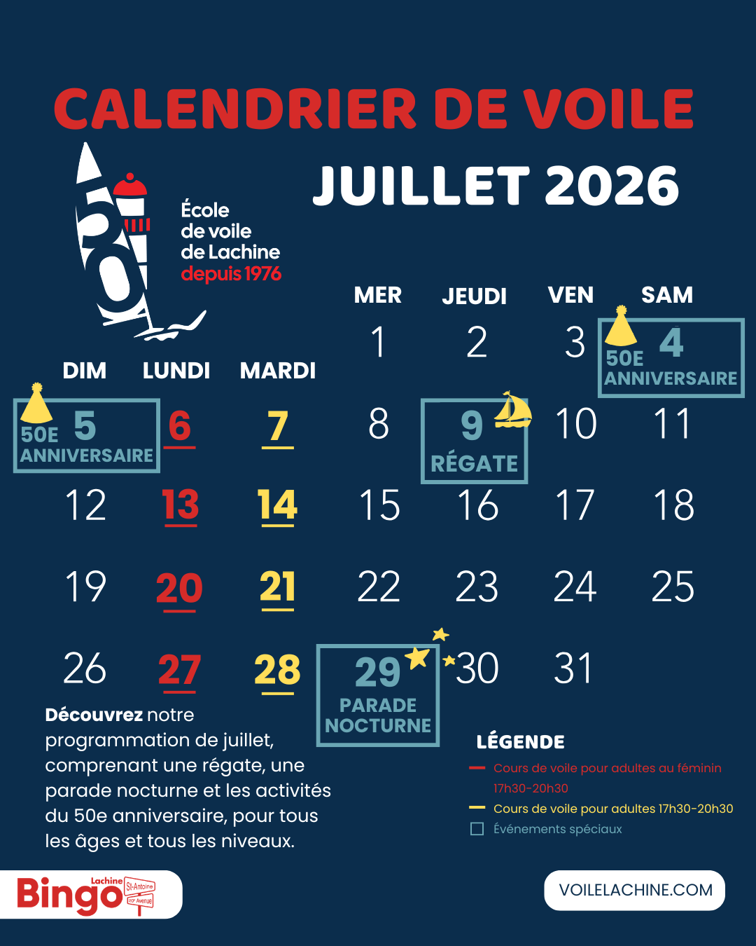 Calendrier des activités de juillet 2026 École de voile de Lachine