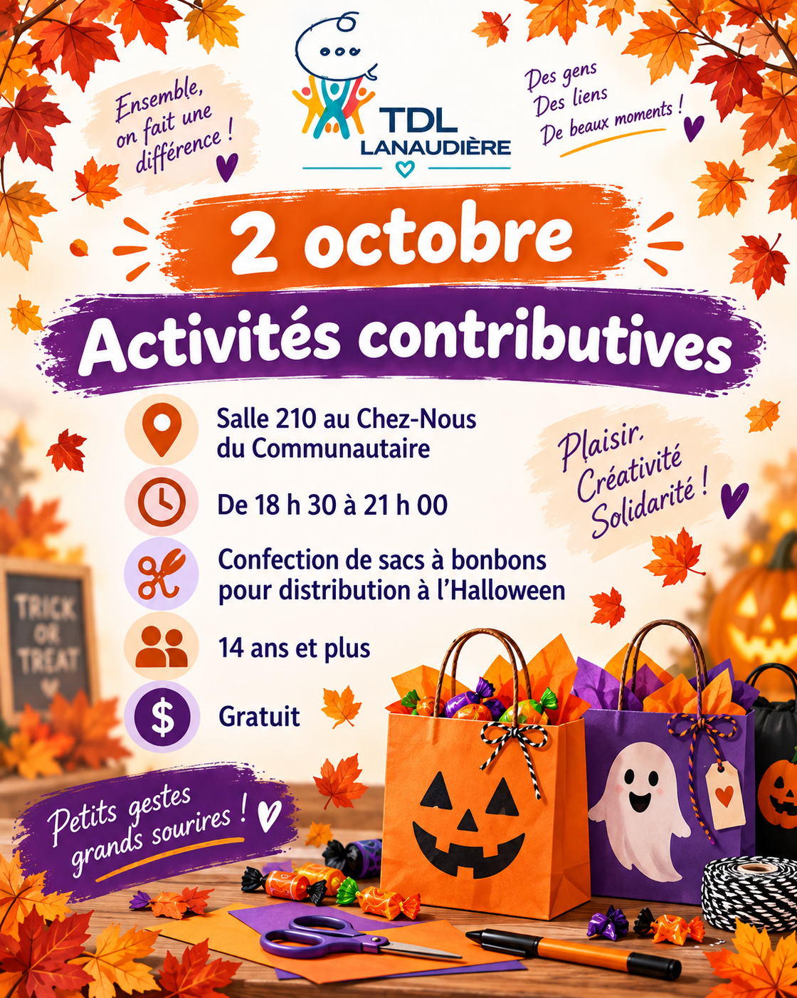 Activités contributives fabrication sacs de bonbons Halloween