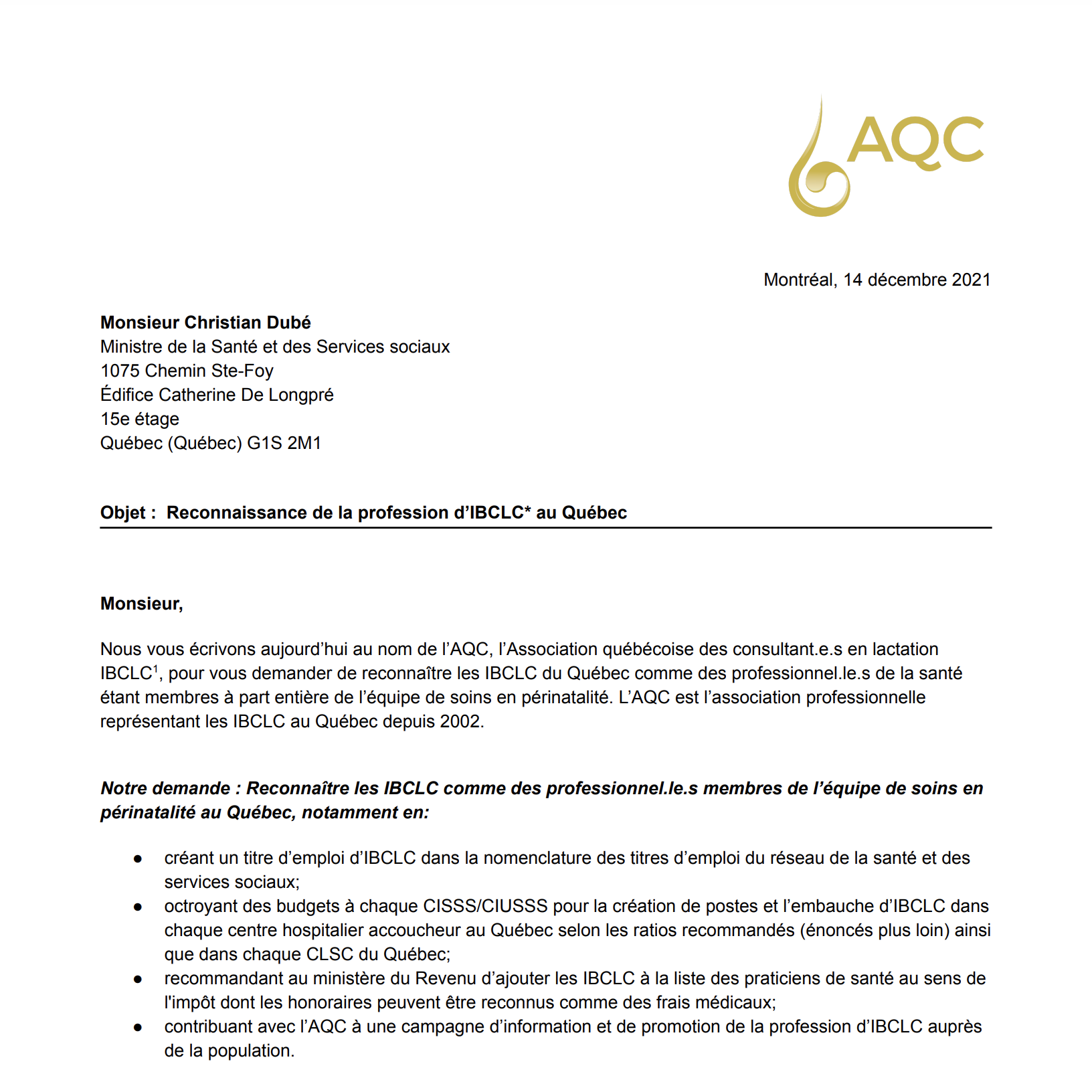 Lettres envoyées aux ministères par le comité de reconnaissance de l'AQC