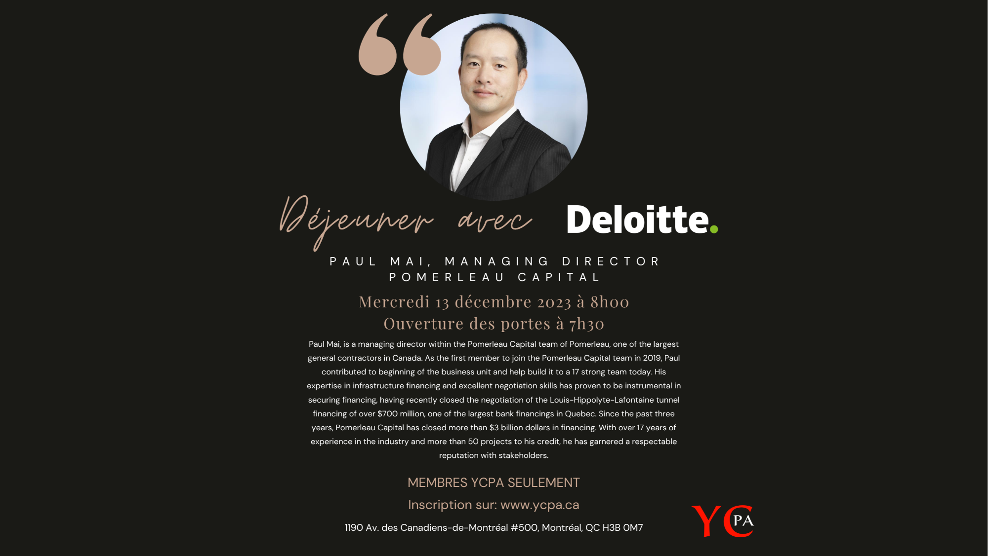 Déjeuner avec Deloitte - Paul Mai, Managing Director at Pomerleau Capital