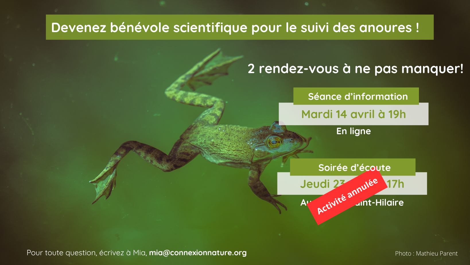 ANNULÉ - JEUDI 23 AVRIL 2026 - Soirée d'écoute des grenouilles