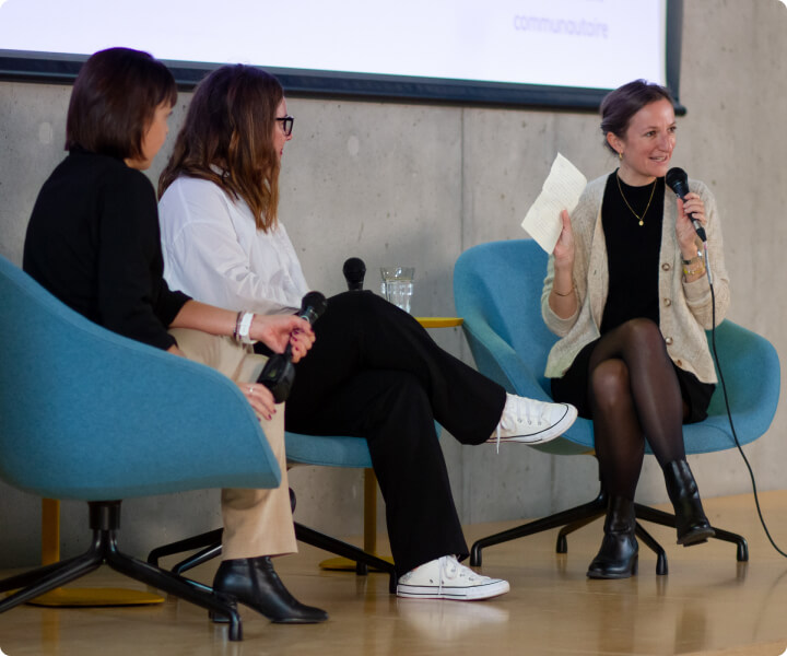 Photo de Stéphanie Bourget, Directrice Exécutive d’Altitude C; Laetitia Shaigetz Présidente d’Épisode philanthropie & investissement communautaire et Célia Heidsieck, Directrice Marketing et Partenariats de Yapla