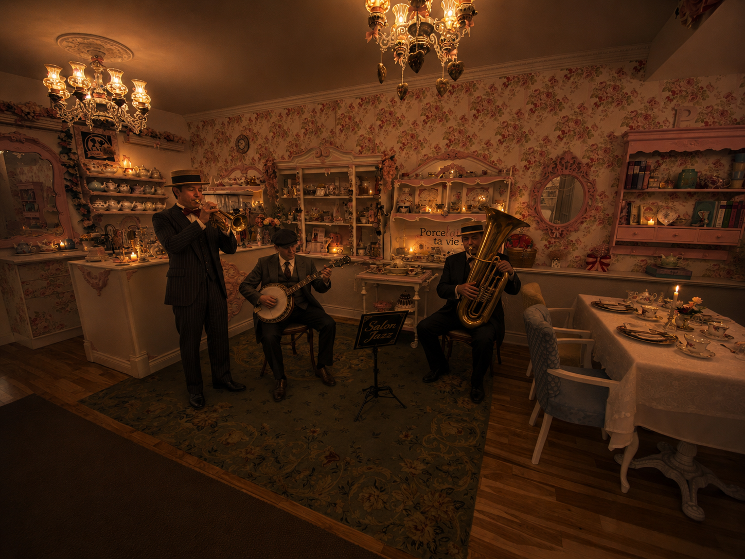 Trio de jazz dans le d&eacute;cor fleuri et chaleureux du salon de th&eacute; Lady Porcelaine.