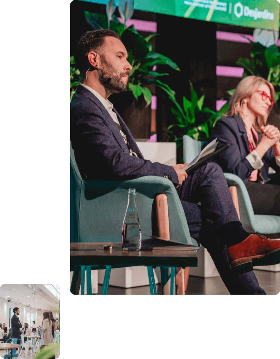 A man and a woman sitting in chairs at a Finance Montréal event