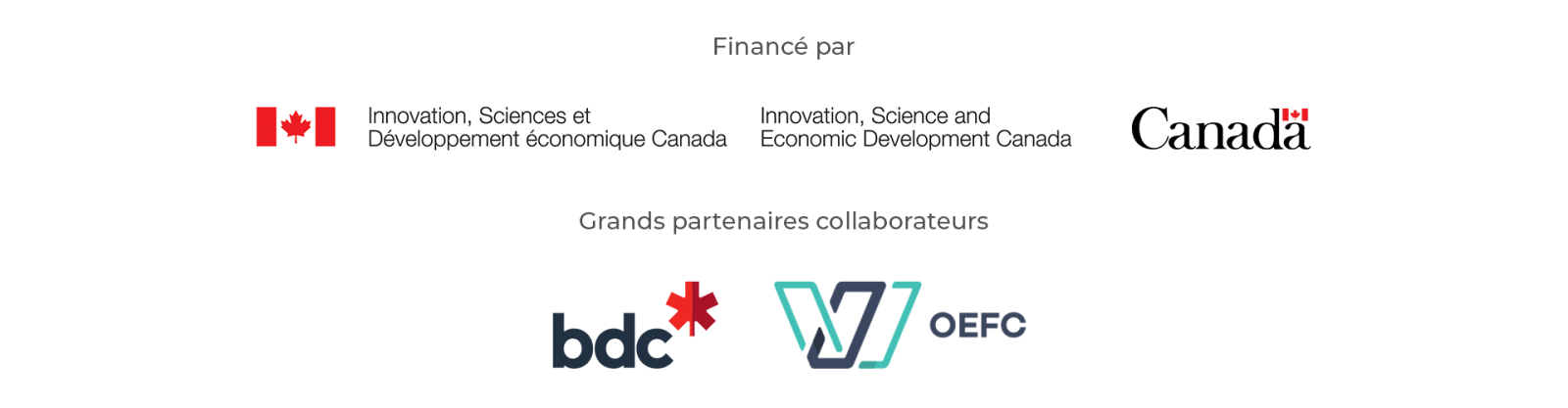 Financé par Innovation, Sciences et Développement économique Canada et le gouvernement du Canada. Grands partenaires collaborateurs : BDC et OEFC.