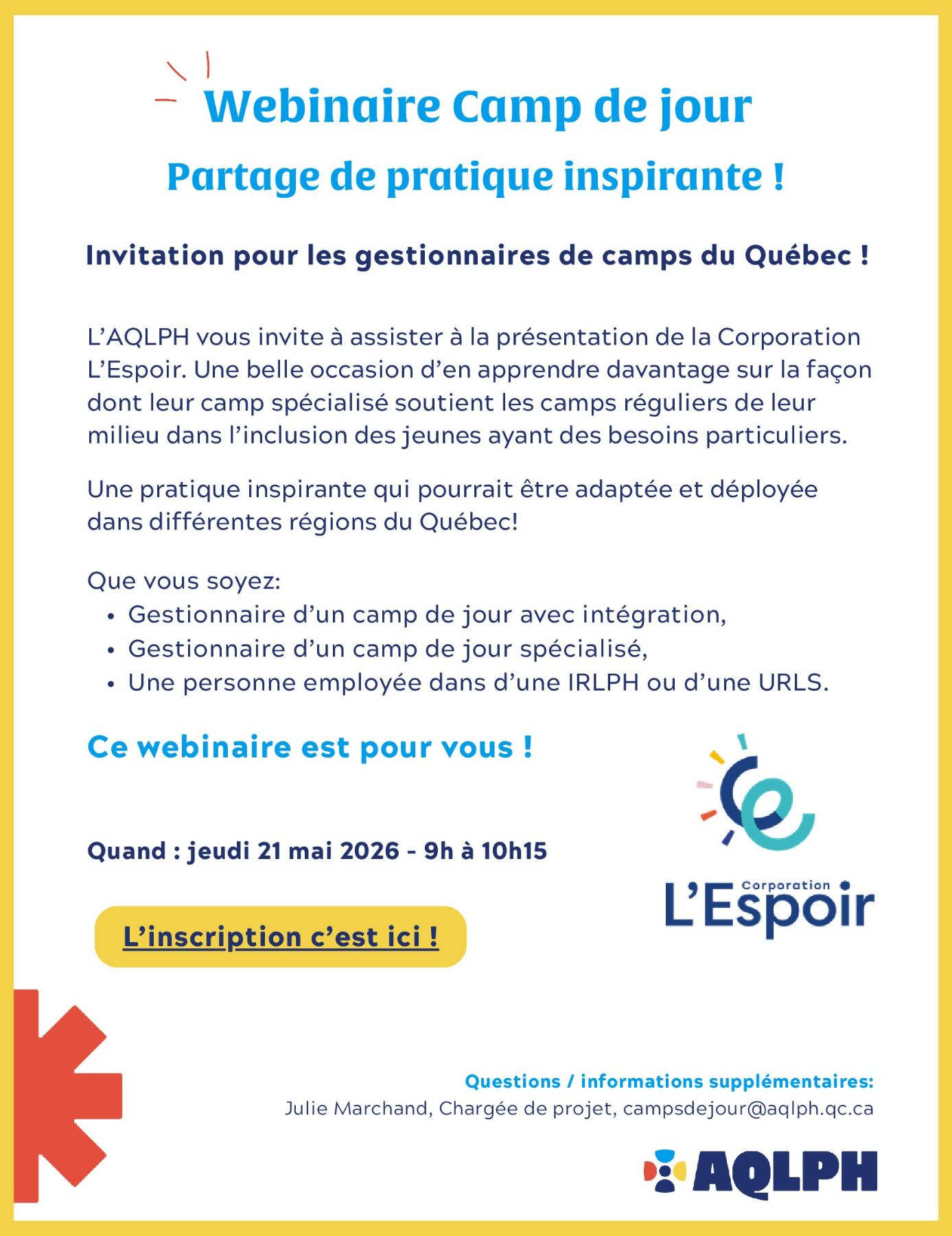 Webinaire – Partage de pratique inspirante sur l’inclusion en camps de jour