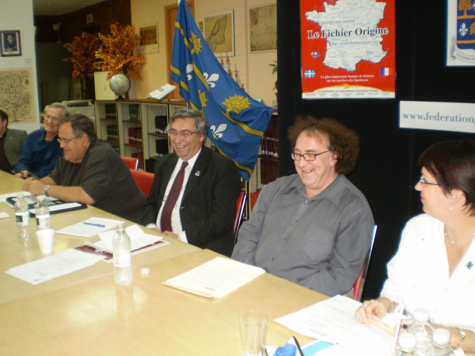 Conseil de généalogie, Société généalogique canadienne-française, Montréal, 2008. Sur la photo : François Falardeau, Albert J. Cyr, Denis Racine, Pierre Riley et Sylvie Adam.