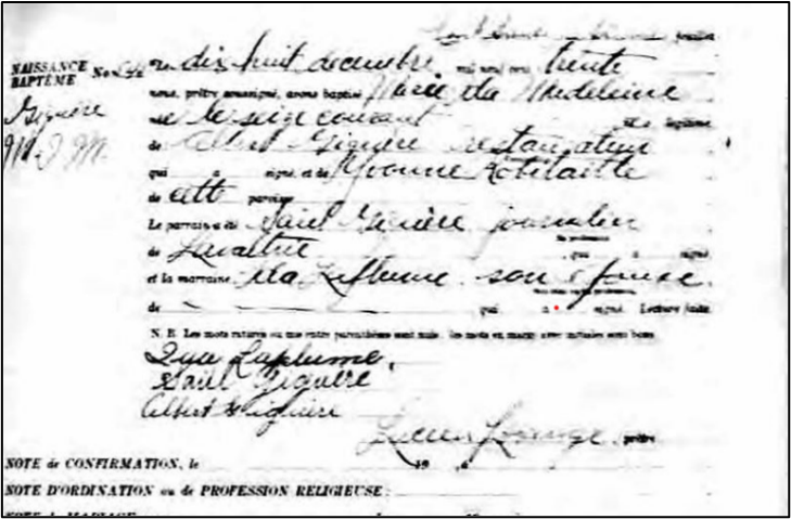 L’acte de baptême de Madeleine Giguère confirme que mon grand-père a déjà été restaurateur. Source : BAnQ