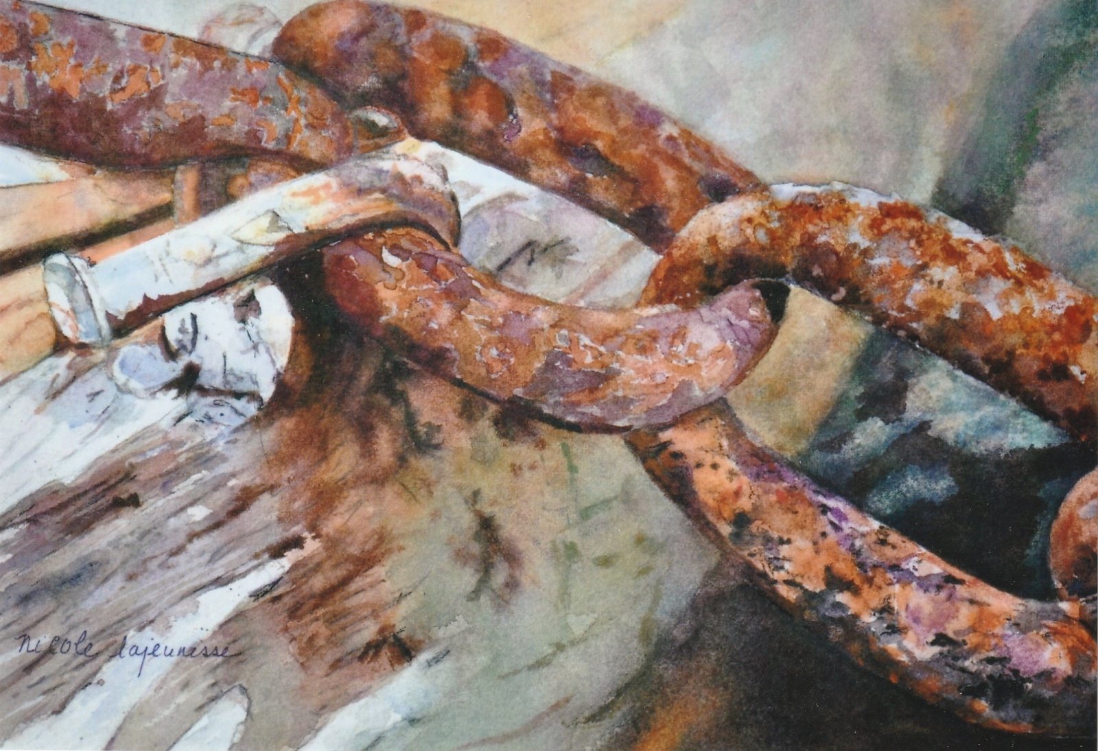 Noeud/Chaîne est une reproduction d'une aquarelle de Nicole Lajeunesse, mon épouse.