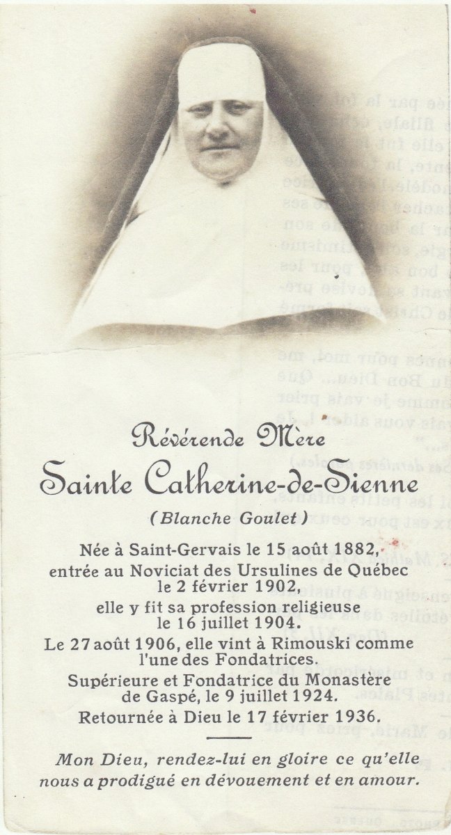 Blanche Goulet, ursuline, Mère Sainte-Catherine-de-Sienne