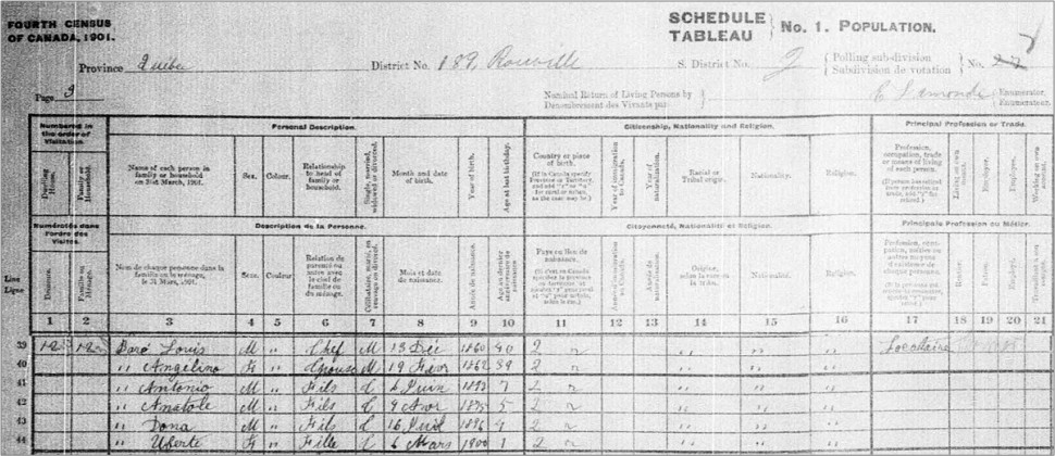 Famille Barré dans le recensement canadien de 1901 à St-Jean-Baptiste-de-Rouville
