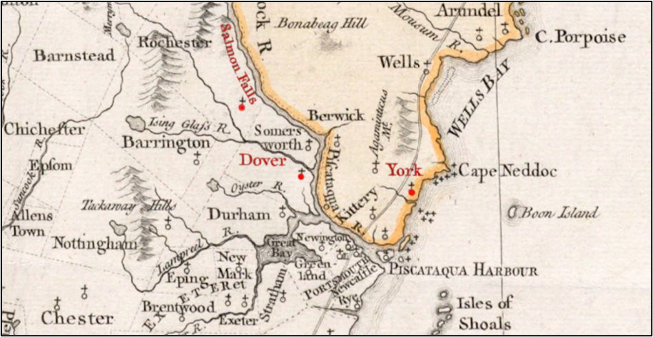 Figure 3 : Carte de 1761 démontrant les emplacements des villes de Dover (N.H), Salmon Falls (N.H.) et York (MA)
