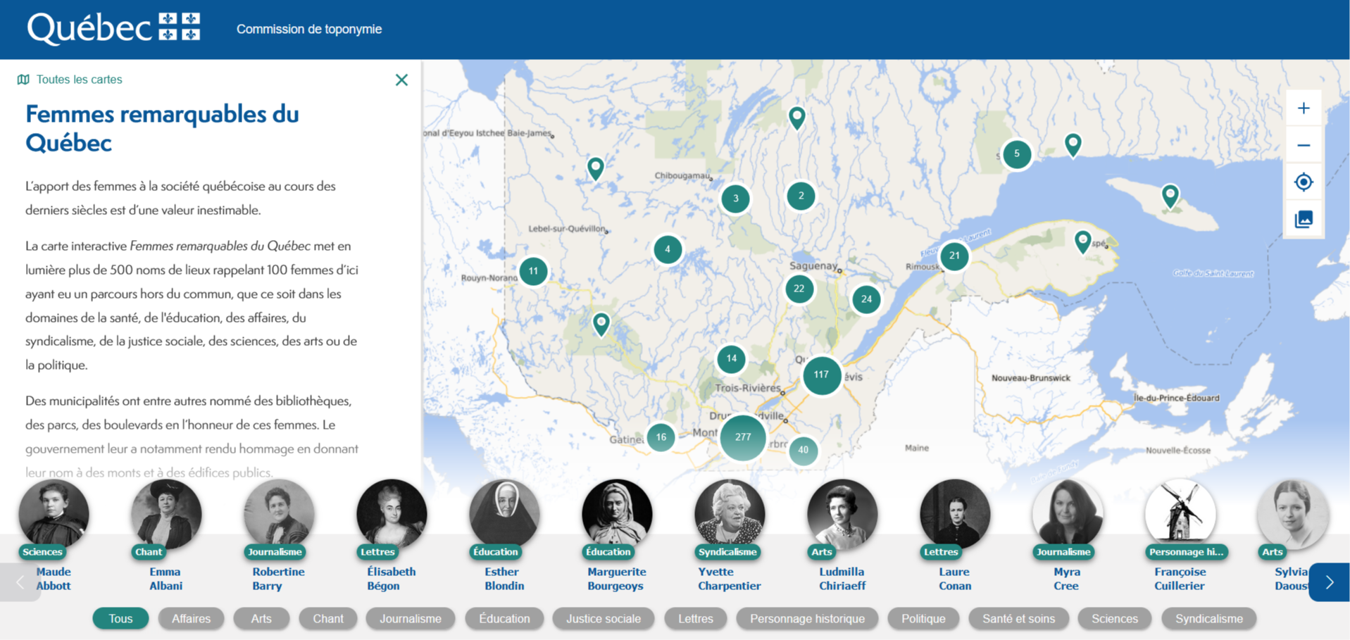 Carte des femmes remarquables du Québec de la Commission de toponymie du Québec